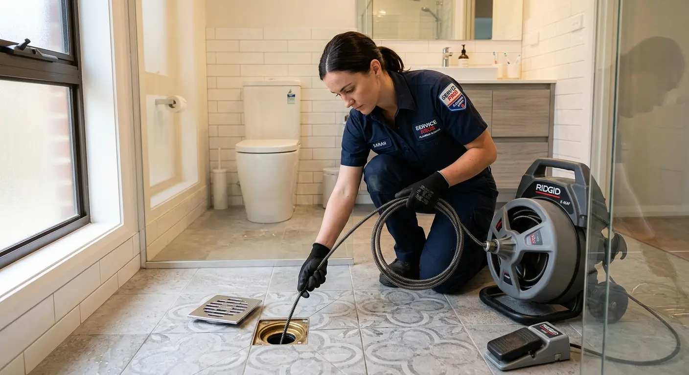Technician clearing a bathroom floor drain for Sewer Line Replacement in Winslow